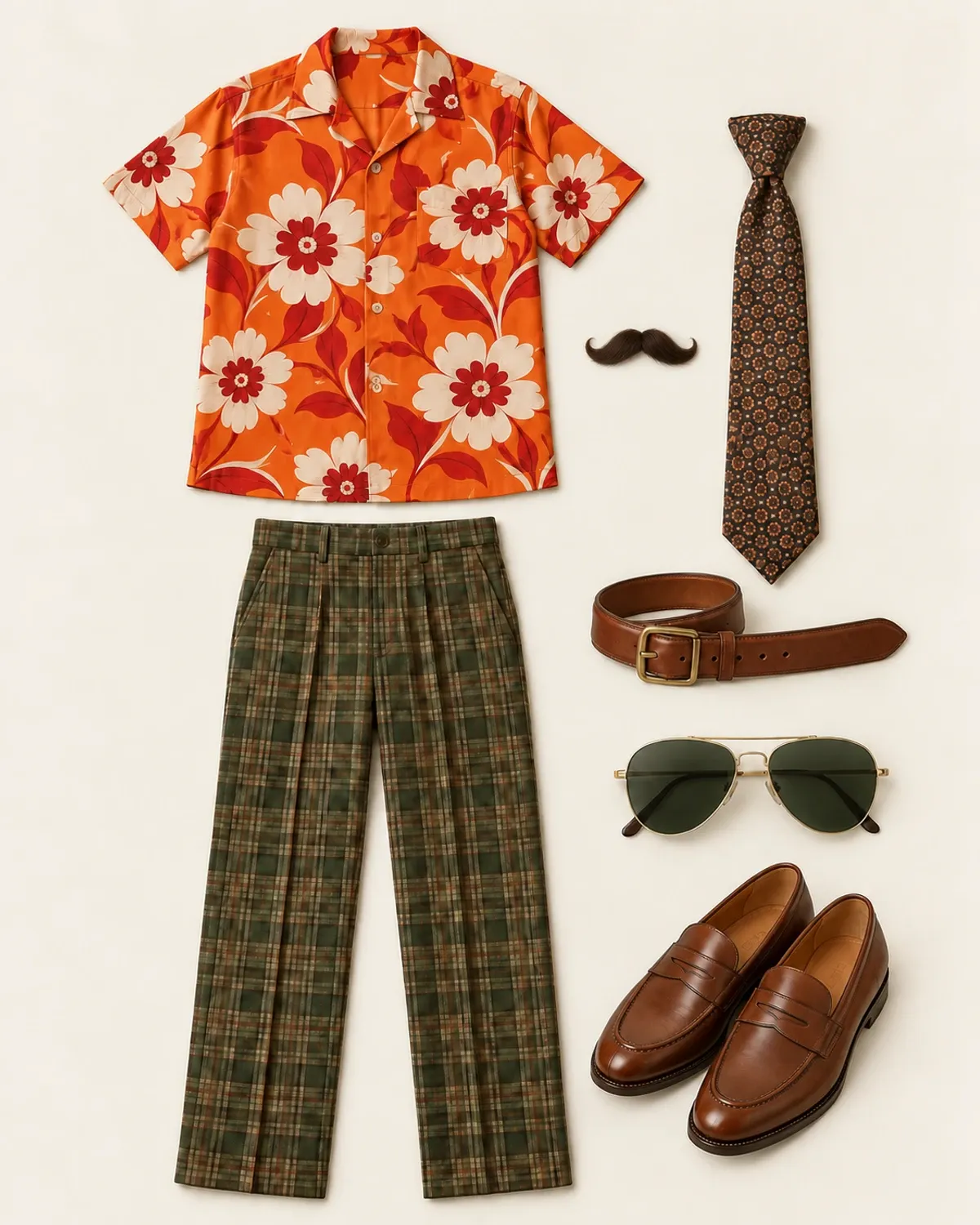 Flat lay com camisa floral, gravata, calça xadrez, óculos aviador, cinto, sapatos marrons e bigode postiço opcional para montar Agostinho Carrara