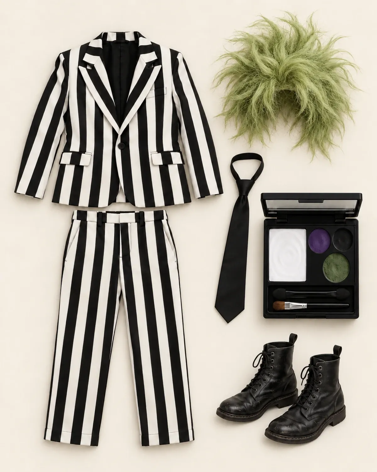 Flat lay com conjunto listrado preto e branco, maquiagem pálida, botas pretas, peruca verde desgrenhada e gravata preta para montar Beetlejuice