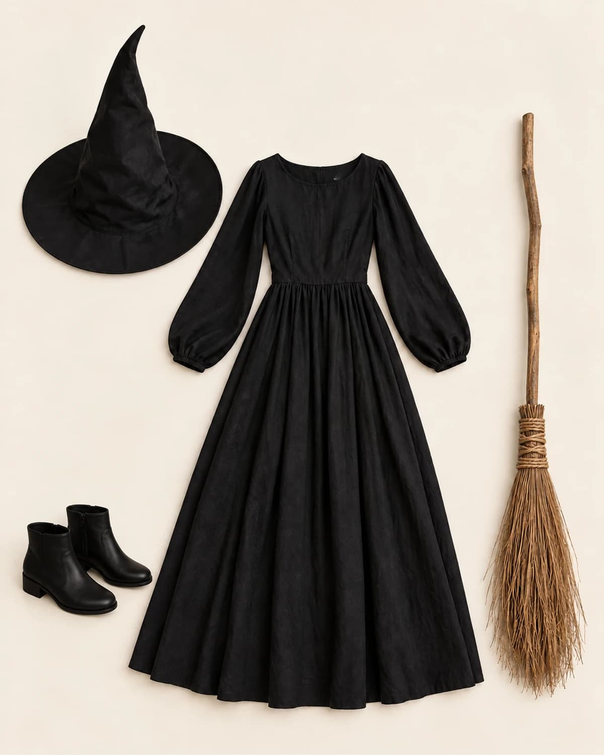 Flat lay com chapéu pontudo, vestido preto longo, vassoura cenográfica e botas pretas para montar uma Bruxa clássica