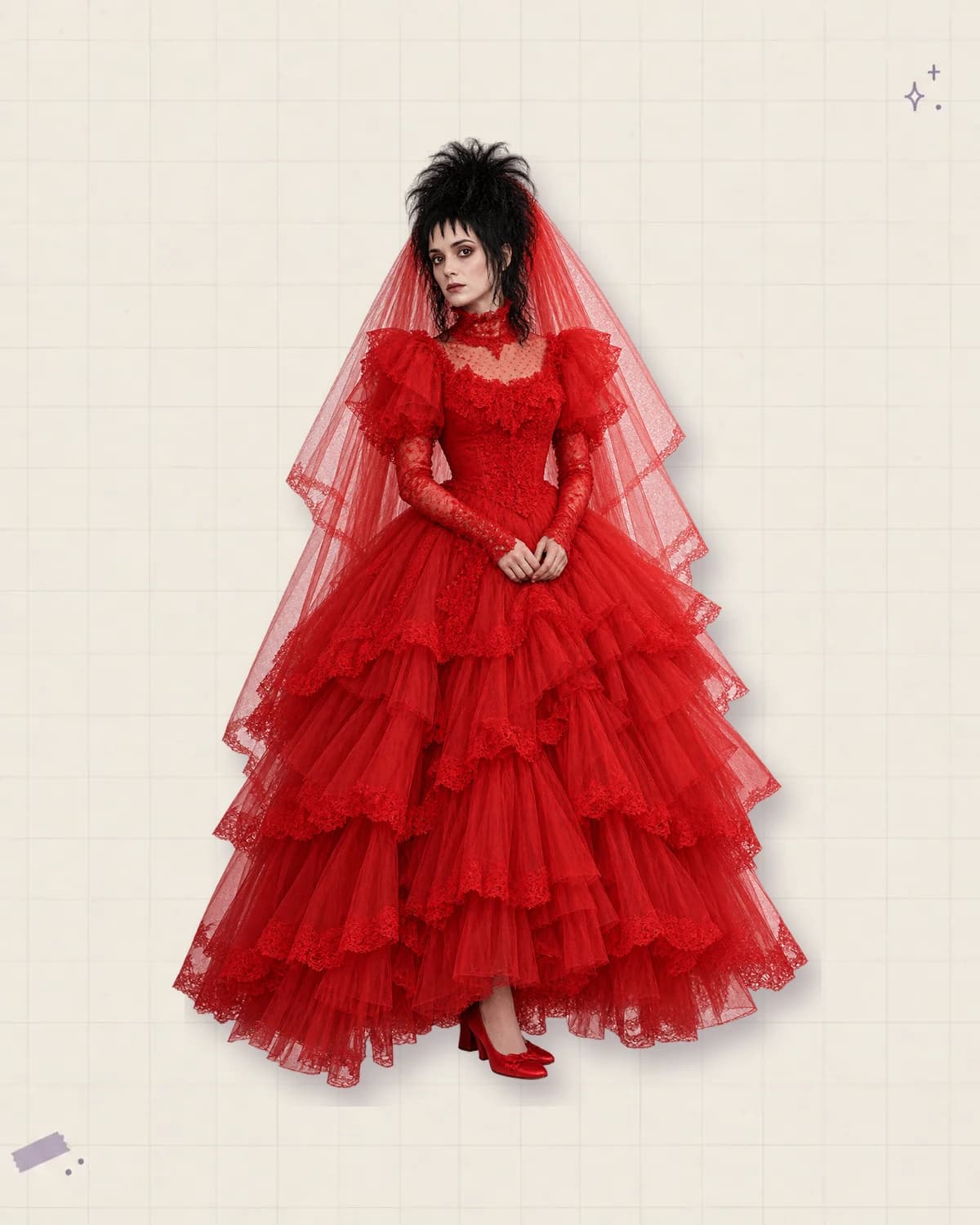 Composição editorial de Lydia Deetz — vestido vermelho