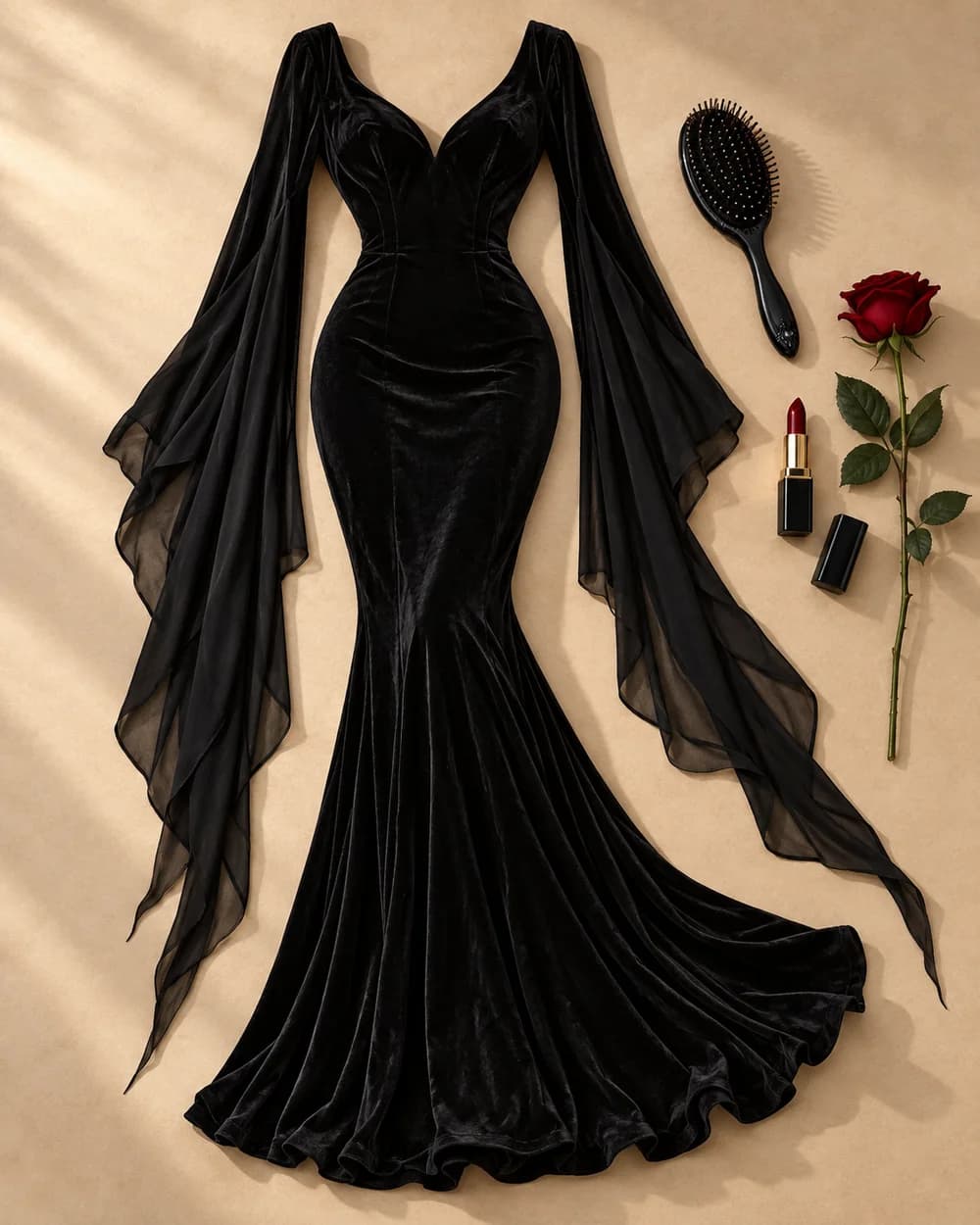 Composição editorial das peças para a fantasia de Morticia Addams