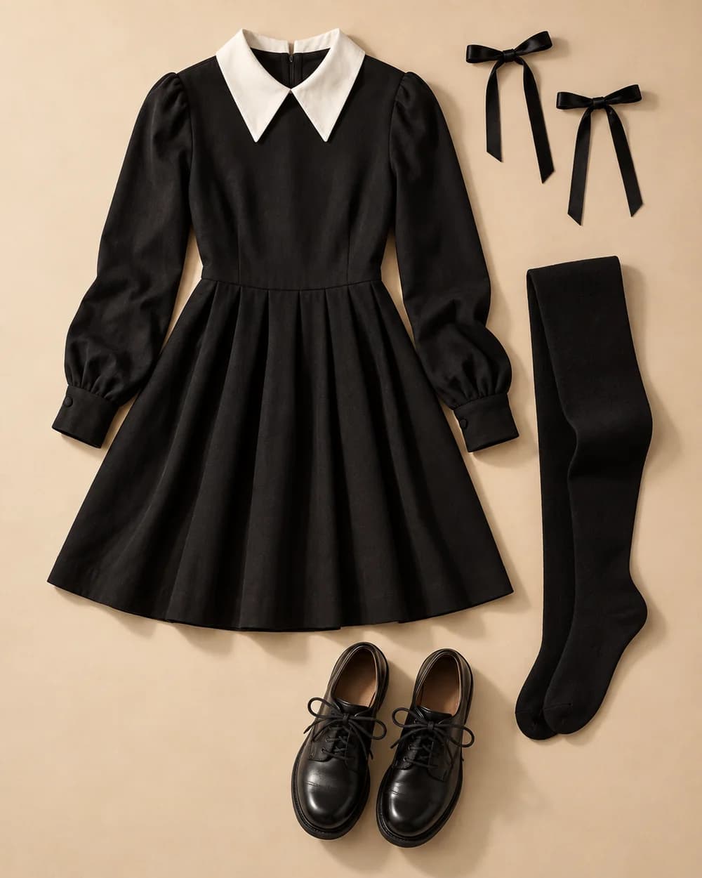 Composição editorial das peças para a fantasia de Wednesday Addams