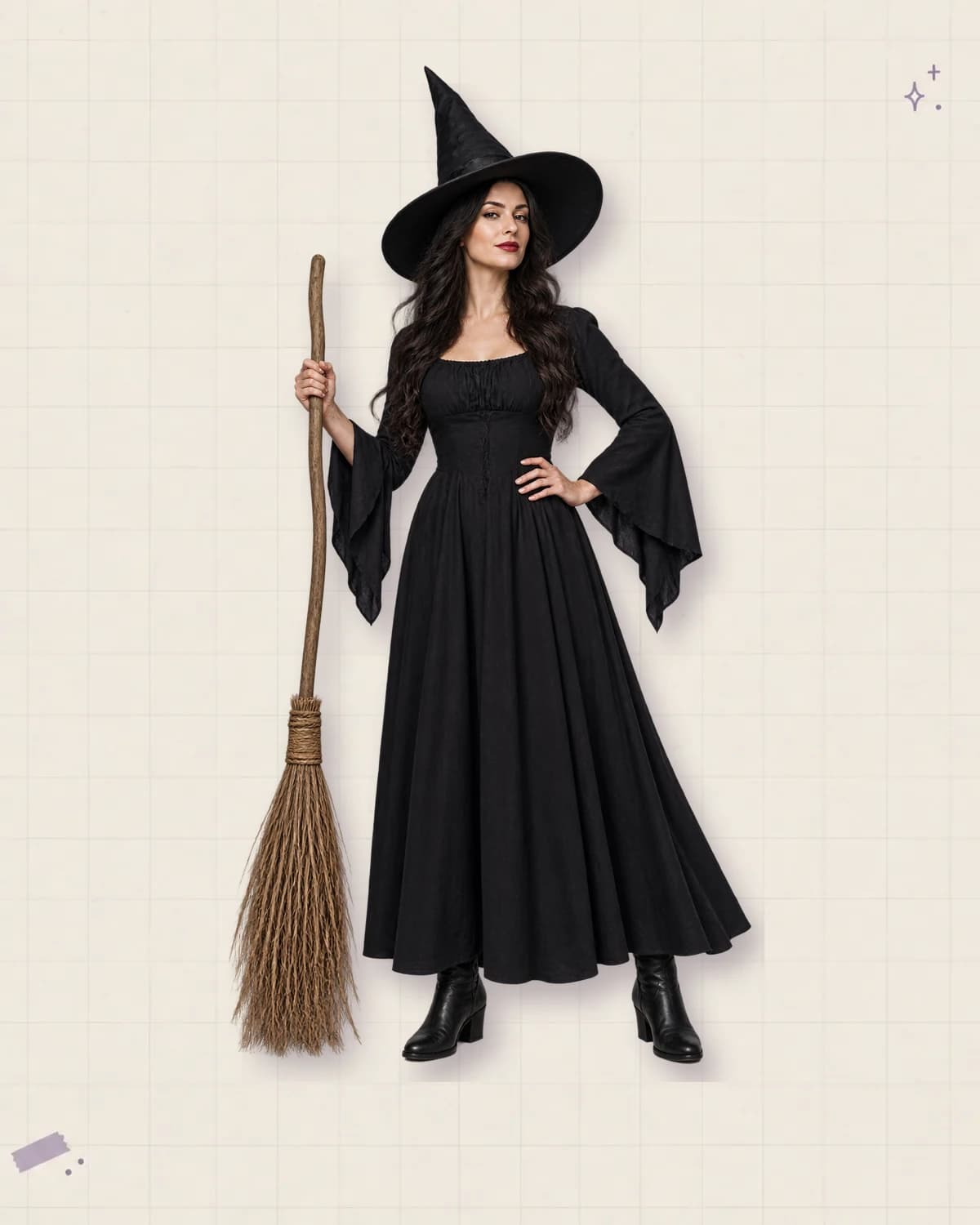 Bruxa clássica com chapéu pontudo, vestido preto longo e vassoura cenográfica sobre o Background Master Clean